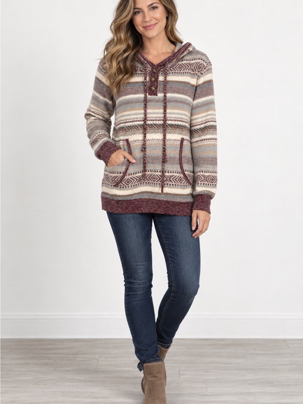 Simply Southern Striped Hooded Pullover in Mauve, Cream, Taupe